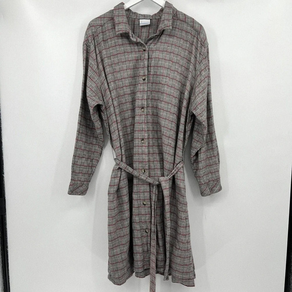 Columbia Holly Hideaway Flannel Dress Plaid Button Up Belted Gray Red Size 2X - Picture 2 of 9